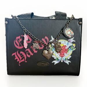 NWT ED HARDY Love Kills Slowly Tote Tattoo Art Skull Chain Charm Heart Tiger Y2K
